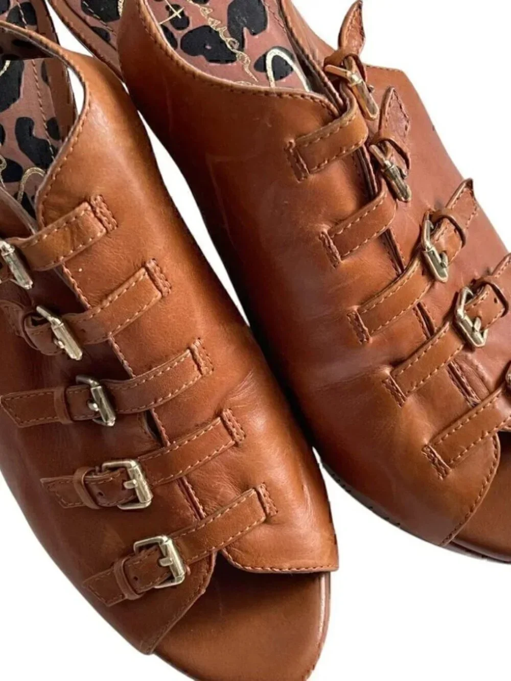 Jessica Simpson Brown Leather Buckle Wedge Platform Sandals | Size 7.5